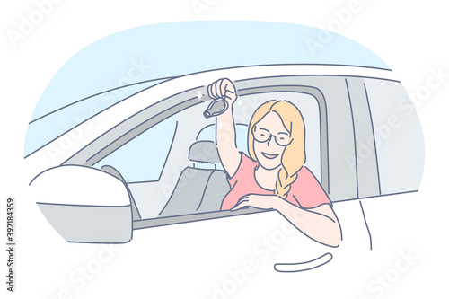 New car purchase, happy owner of new vehicle concept. Young blonde smiling woman cartoon character sitting in new white car and holding keys after purchase in transport car salon office