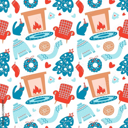 Hand drawn Christmas seamless pattern with Christmas tree, fireplace, floral wreath, chair, cat, sweater, scarp on white background. Vector flat illustration. Design for textile, wrapping, wallpaper
