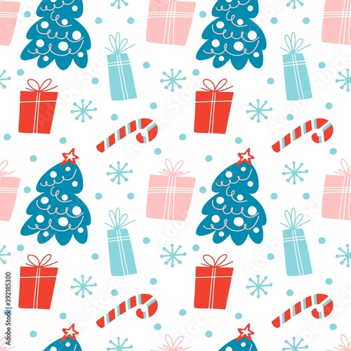Hand drawn Christmas seamless pattern with Christmas tree, gift boxes,star, candy cane, snowflake on white background. Vector flat illustration. Design for textile, wrapping, wallpaper