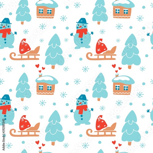 Hand drawn Christmas seamless pattern with house  fir-tree forest  deer  sled  snowman  bag  snowflake on white background. Vector flat illustration. Design for textile  wrapping  wallpaper  packaging