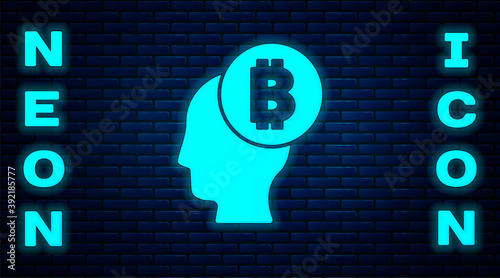 Glowing neon Bitcoin think icon isolated on brick wall background. Cryptocurrency head. Blockchain technology, digital money market, cryptocoin wallet. Vector.