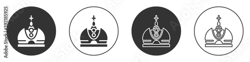 Black King crown icon isolated on white background. Circle button. Vector.