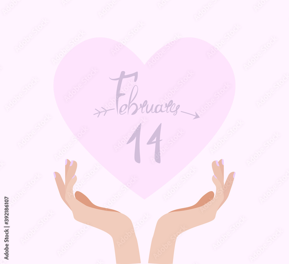 Pink heart with the inscription, February 14, in the hands of a man Pink heart with the inscription, February 14, in the hands of a man