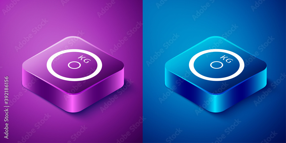Isometric Weight plate icon isolated on blue and purple background. Equipment for bodybuilding sport, workout exercise and fitness. Square button. Vector.