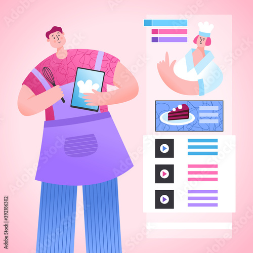 Online cooking app. Man watching lesson at culinary school. Woman chef explaining course. Online education,video tutorial, distance learning. Flat vector Illustration for websites.