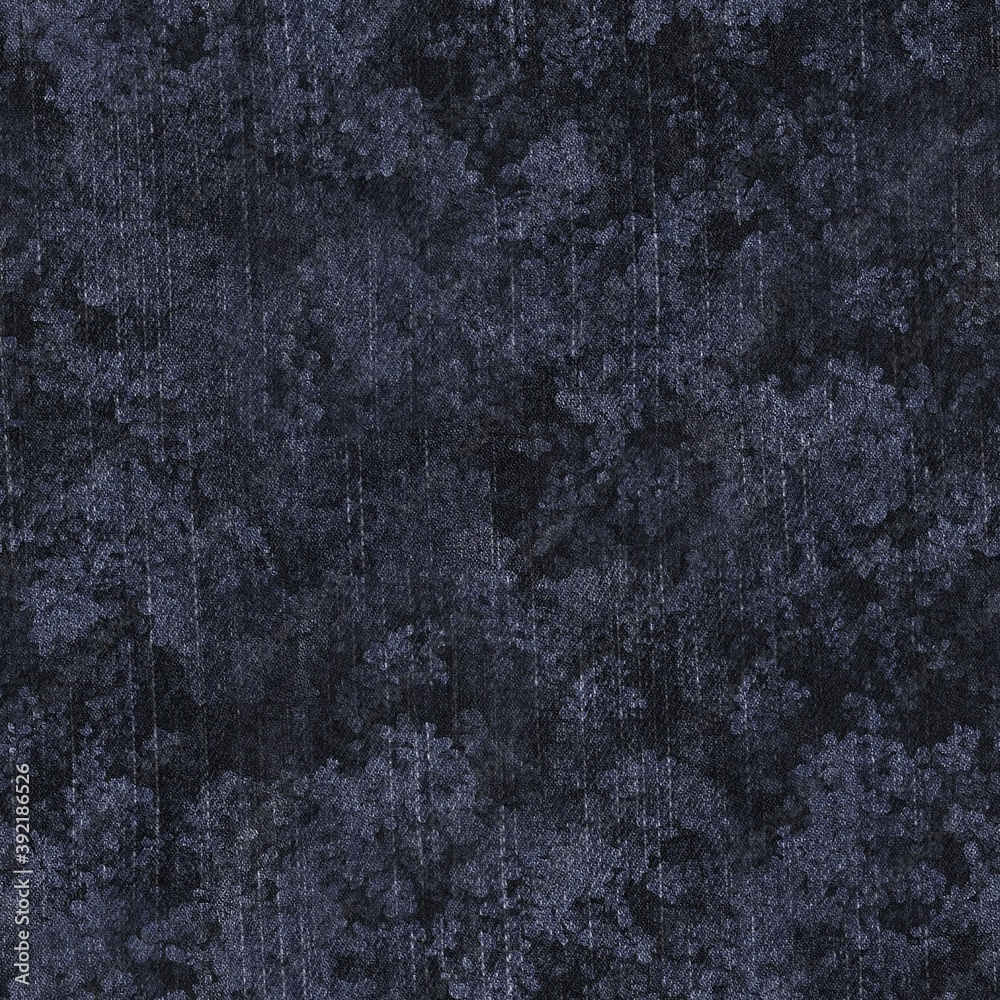 Fototapeta premium Seamless patterned denim jean for print. High quality illustration. Grungy trendy street wear design. Real detailed denim texture with digital floral pattern overlay. Navy blue deep dark colors.
