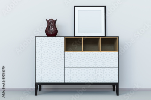 3D illustration. Black and white modern design chest of drawers with wooden accents. Natural light pastel colors interior. Vase and mockup frame on the top of the furniture. Rhombus ornament.