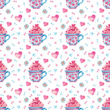 Seamless pattern with cup, flowers and hearts on love theme.  Valentines day illustration. Hand drawn watercolor background for wrapping paper, design, fabrics, cards and other purposes.