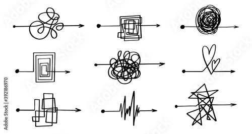 Hand drawn black line arrow clew chaos ball complicated on white background. Vector simple round, square, heart shape love mind abstract icon illustration. Business process concept.