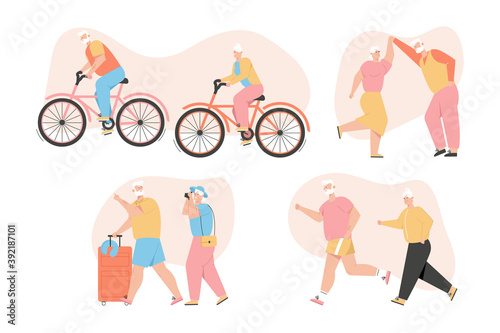 Grandparents active healthy lifestyle set, happy retirement