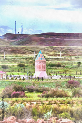 Medieval tomb colorful painting Gulistan Nakhchivan Azerbaijan.