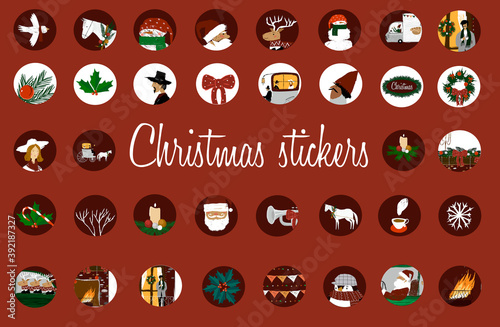 Fototapeta Naklejka Na Ścianę i Meble -  Christmas stickers. Vector set of New Year elements. Can be used for printing, design, stickers.