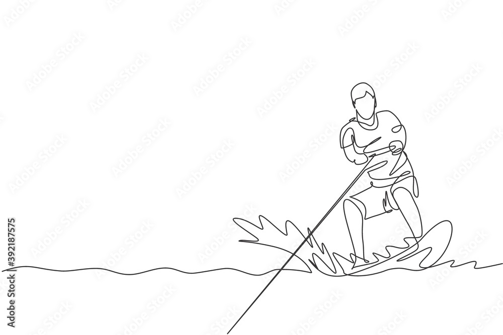 One continuous line drawing of young energetic man fun play wakeboarding in the sea ocean. Healthy lifestyle sport concept. Happy tourist vacation. Dynamic single line draw design vector illustration