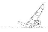 Single continuous line drawing of young sporty surfer man playing windsurfing in the sea. Extreme dangerous sea sport concept. Summer holiday vacation. Trendy one line draw design vector illustration