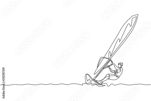 One continuous line drawing of young energetic man fun play windsurfing in the sea ocean. Healthy lifestyle sport concept. Happy tourist vacation. Dynamic single line draw design vector illustration