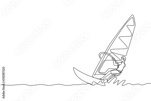 One single line drawing young sporty man play windsurfing in the sea beach graphic vector illustration. Healthy lifestyle and extreme sport concept. Summer vacation. Modern continuous line draw design