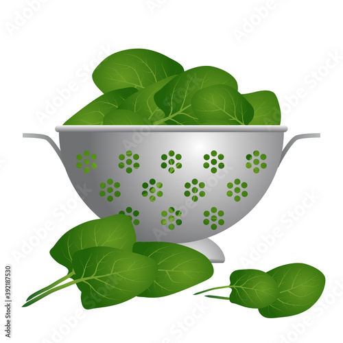 Illustration 3D d’un égouttoir rempli d’épinard - préparation de légumes avant de les cuisiner.