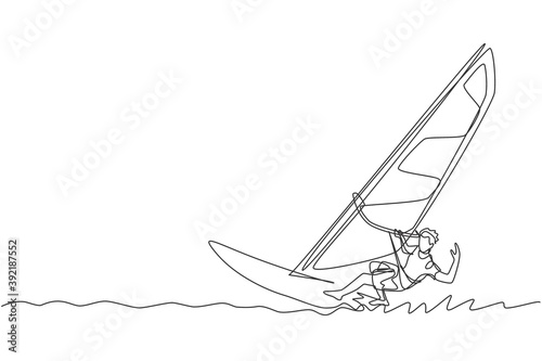 Single continuous line drawing of young sporty surfer man playing windsurfing in the sea. Extreme dangerous sea sport concept. Summer holiday vacation. Trendy one line draw design vector illustration