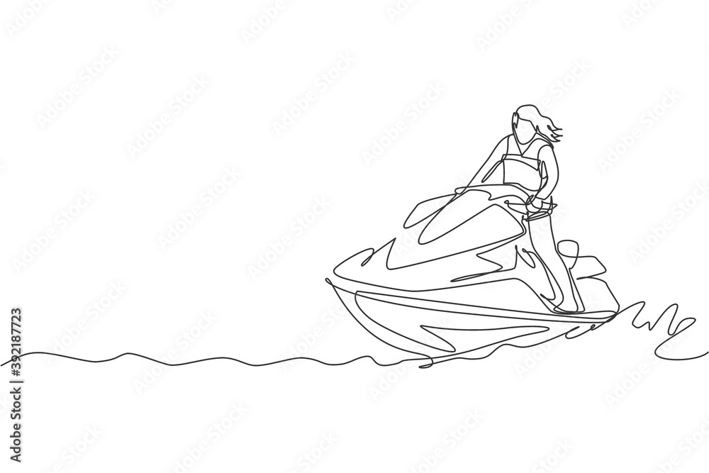 One single line drawing of young sporty woman play jet skiing in the