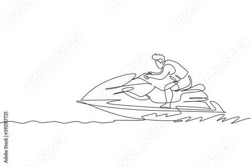 One continuous line drawing of young energetic man fun play jet skiing in the sea ocean. Healthy lifestyle sport concept. Happy tourist vacation. Dynamic single line draw design vector illustration