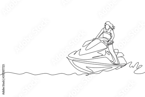 One single line drawing of young sporty woman play jet skiing in the sea beach vector illustration. Healthy lifestyle and extreme sport concept. Summer vacation. Modern continuous line draw design