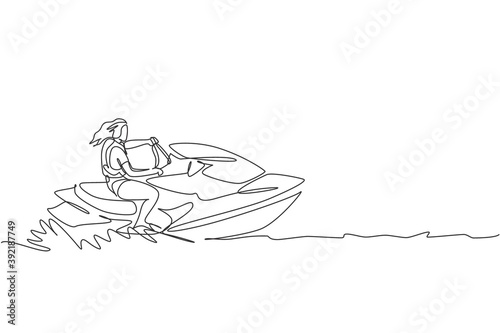 One continuous line drawing of young energetic woman fun playing jet ski in the sea ocean. Healthy lifestyle sport concept. Happy tourist vacation. Dynamic single line draw design vector illustration