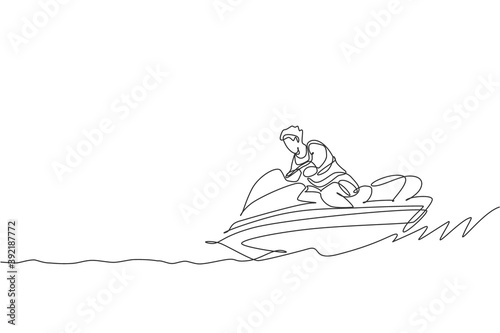 One single line drawing young sporty man play jet skiing in the sea beach graphic vector illustration. Healthy lifestyle and extreme sport concept. Summer vacation. Modern continuous line draw design