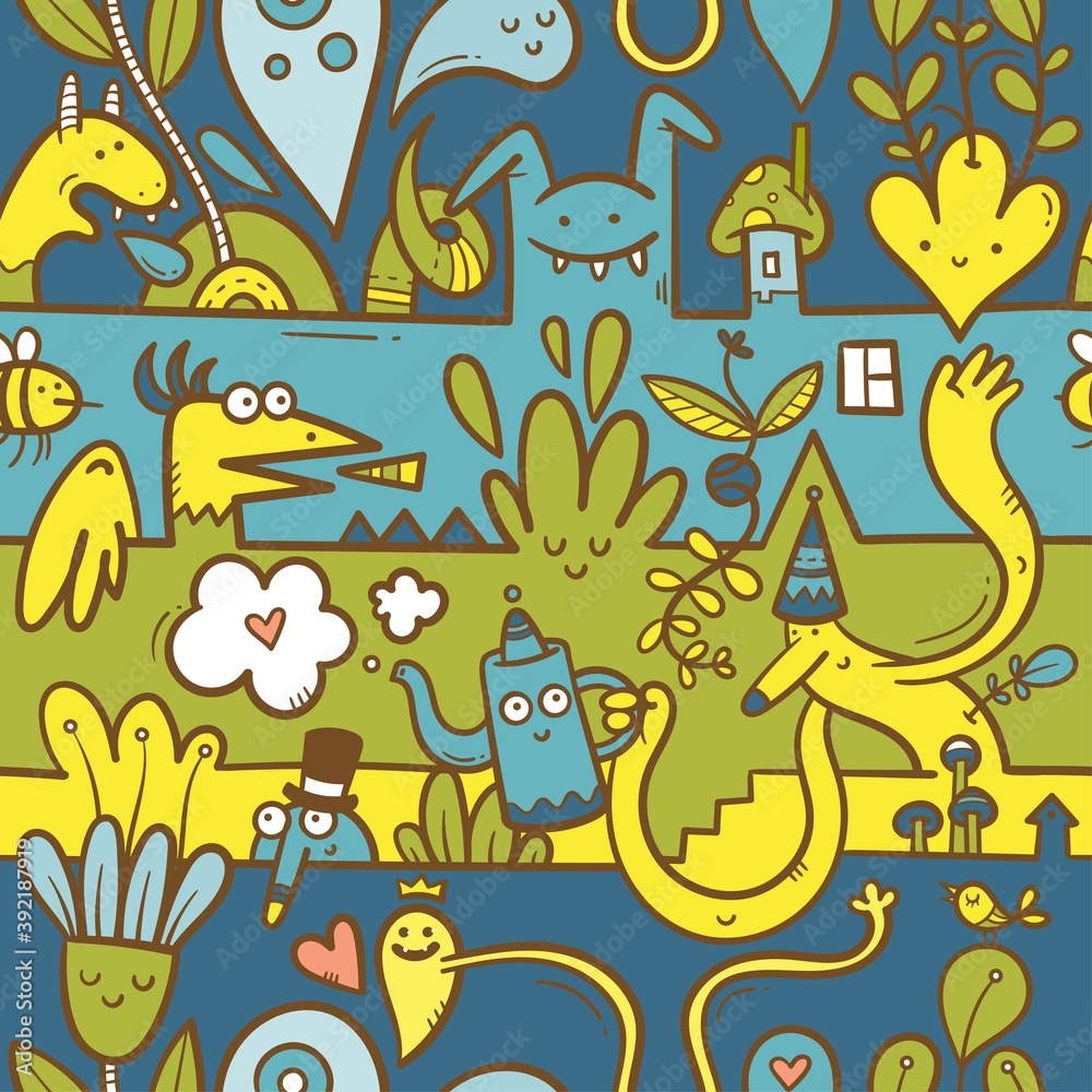 Fototapeta premium Seamless surreal pattern with cute cartoon monsters on colorful background. Wallpapers with various creatures. Print with funny doodle plants and dragons.