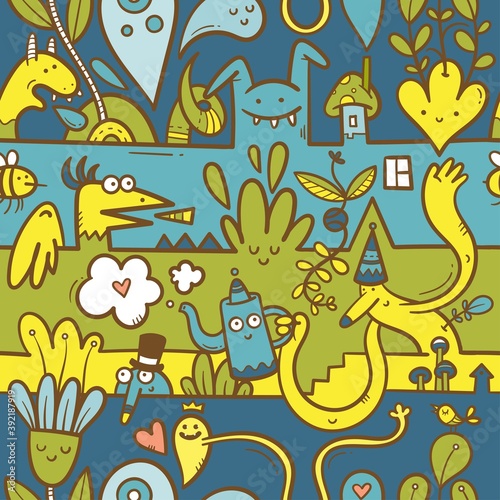 Seamless surreal pattern with cute cartoon monsters on  colorful background. Wallpapers with various creatures. Print with funny doodle plants and dragons.