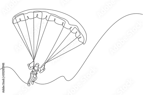 One continuous line drawing of young bravery man flying in the sky using paragliding parachute. Outdoor dangerous extreme sport concept. Dynamic single line draw design vector graphic illustration photo
