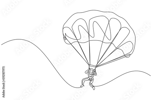 Single continuous line drawing of young tourist man flying with paragliding parachute on the sky. Extreme vacation holiday sport concept. Trendy one line draw design vector graphic illustration