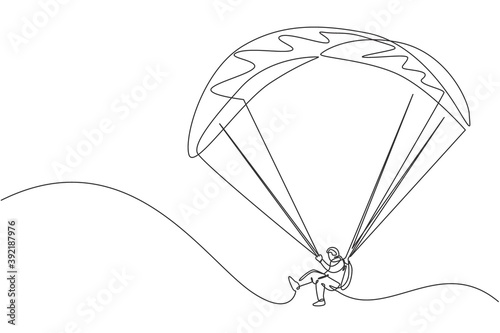 One continuous line drawing of young bravery man flying in the sky using paragliding parachute. Outdoor dangerous extreme sport concept. Dynamic single line draw graphic design vector illustration