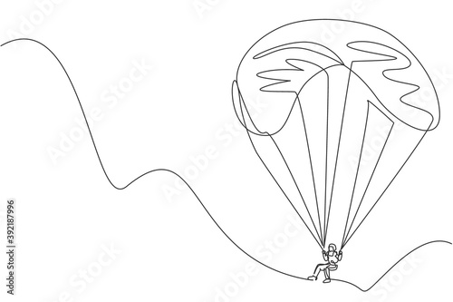 One single line drawing of young sporty man flying with paragliding parachute on the sky graphic vector illustration. Extreme sport concept. Modern continuous line draw design