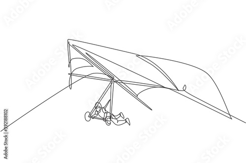 One continuous line drawing of young bravery man flying in the sky using hang gliding parachute. Outdoor dangerous extreme sport concept. Dynamic single line draw design vector illustration graphic