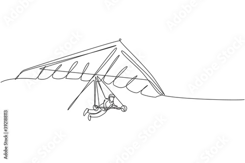One single line drawing of young sporty man flying with hang gliding parachute on the sky vector graphic illustration. Extreme sport concept. Modern continuous line draw design