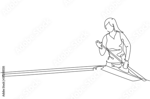 One continuous line drawing young beauty woman focus to rub stick before hit the pool billiard balls. Tournament indoor sport game concept. Dynamic single line draw graphic design vector illustration