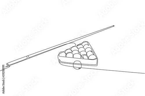 One single line drawing of triangle pyramid balls stack for pool billiards game at billiard room vector graphic illustration. Indoor sport recreational game concept. Modern continuous line draw design