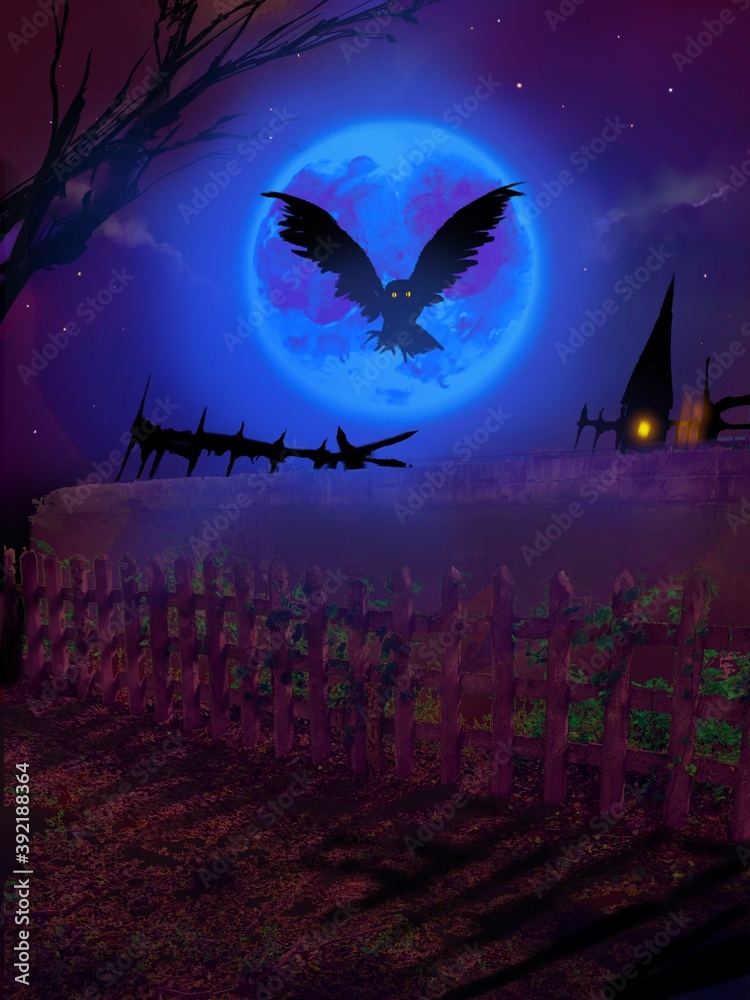 A flying owl and halloween night background