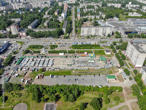 Aerial view of Marshal Konev Square and the market (Kirov, Russia)
