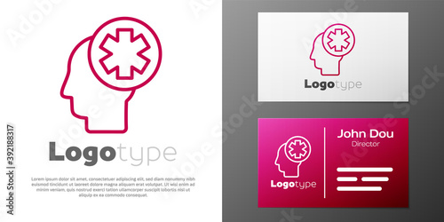 Logotype line Male head with hospital icon isolated on white background. Head with mental health, healthcare and medical sign. Logo design template element. Vector Illustration.
