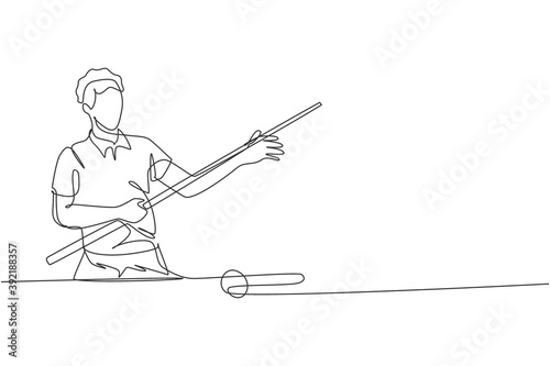 One single line drawing of young handsome man playing pool billiards at billiard room vector illustration graphic. Indoor sport recreational game concept. Modern continuous line draw design