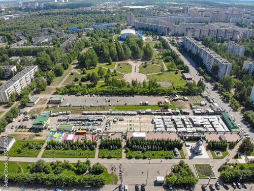 Aerial view of Marshal Konev Square and the market (Kirov, Russia)