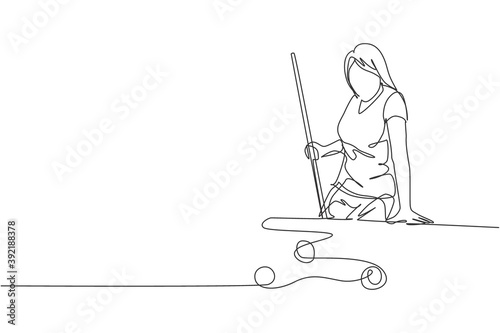One continuous line drawing of young beauty woman focus aiming before hit the pool billiard balls with stick. Tournament indoor sport game concept. Dynamic single line draw design vector illustration
