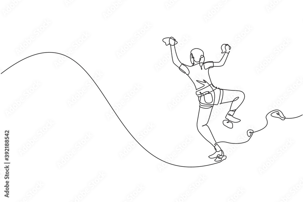 One continuous line drawing of young bravery climber woman practice overhanging wall climbing with safety rope. Dangerous extreme sport concept. Dynamic single line draw design vector illustration
