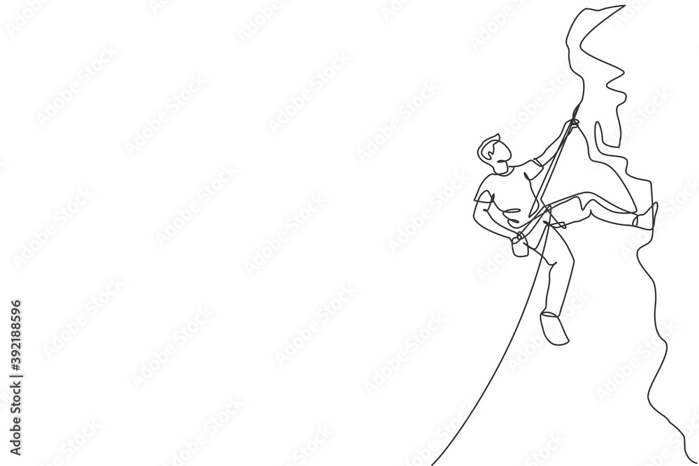 One single line drawing of young active man climbing on cliff mountain