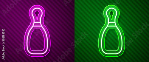 Glowing neon line Bowling pin icon isolated on purple and green background. Vector Illustration.