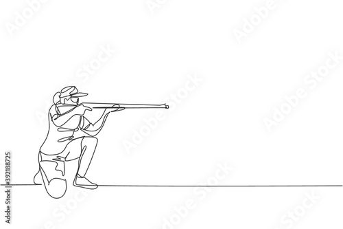One continuous line drawing of young woman on shooting training ground practice for competition with rifle shotgun. Outdoor shooting sport concept. Dynamic single line draw design vector illustration