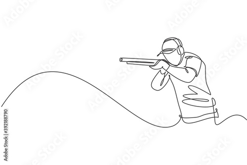 One continuous line drawing of young man on shooting training ground practice for competition with rifle shotgun. Outdoor shooting sport concept. Dynamic single line draw design vector illustration