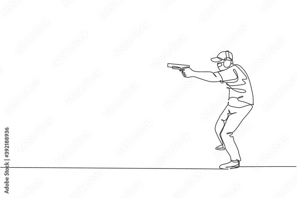 Fototapeta premium Single continuous line drawing of young athlete man shooter holding gun and training to aim target tactical shooting. Shooting sport training concept. Trendy one line draw design vector illustration