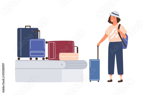 Female character waiting and pick her baggage from conveyor belt. Young woman tourist stand with suitcase and hold backpack. Flat vector cartoon illustration of arrival at airport isolated on white